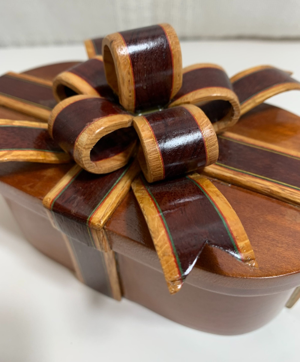 Hand Crafted Wood Ribbon Box Inlaid Exotic Bow Box Segmented Artisan Signed 2017